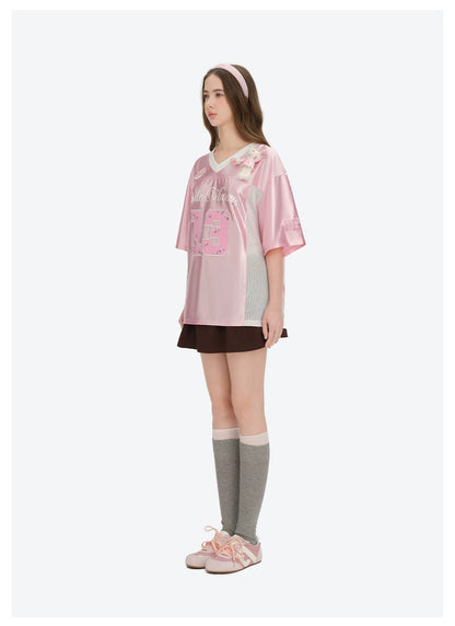Satin V-Neck Short Sleeve T-Shirt
