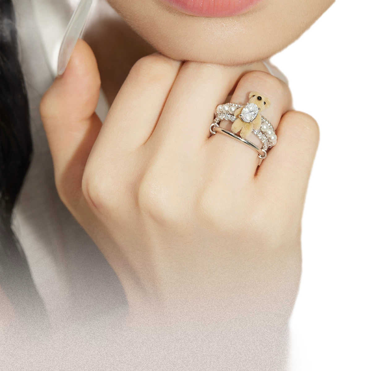 Plush Teddy Bear Pearl Ring