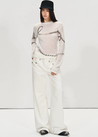 Mohair Wool Sweater with Irregular Chain Print