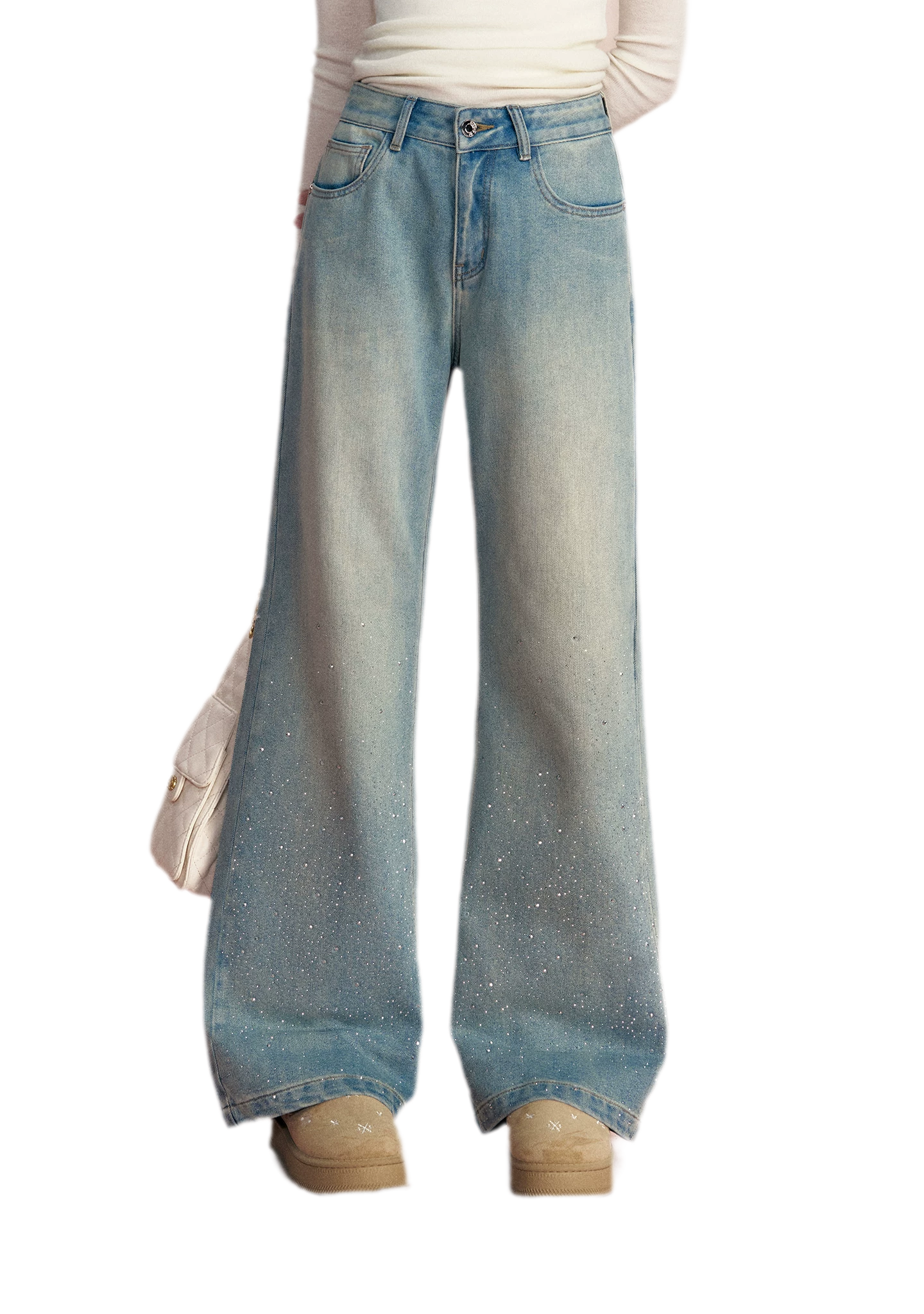 Embellished Fleece-Lined Wide-Leg Jeans