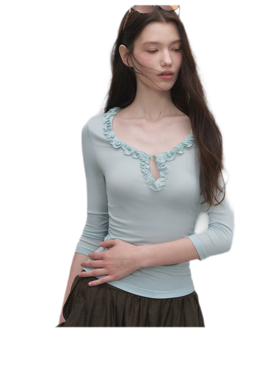 Ruffled Neck Stretch Tee