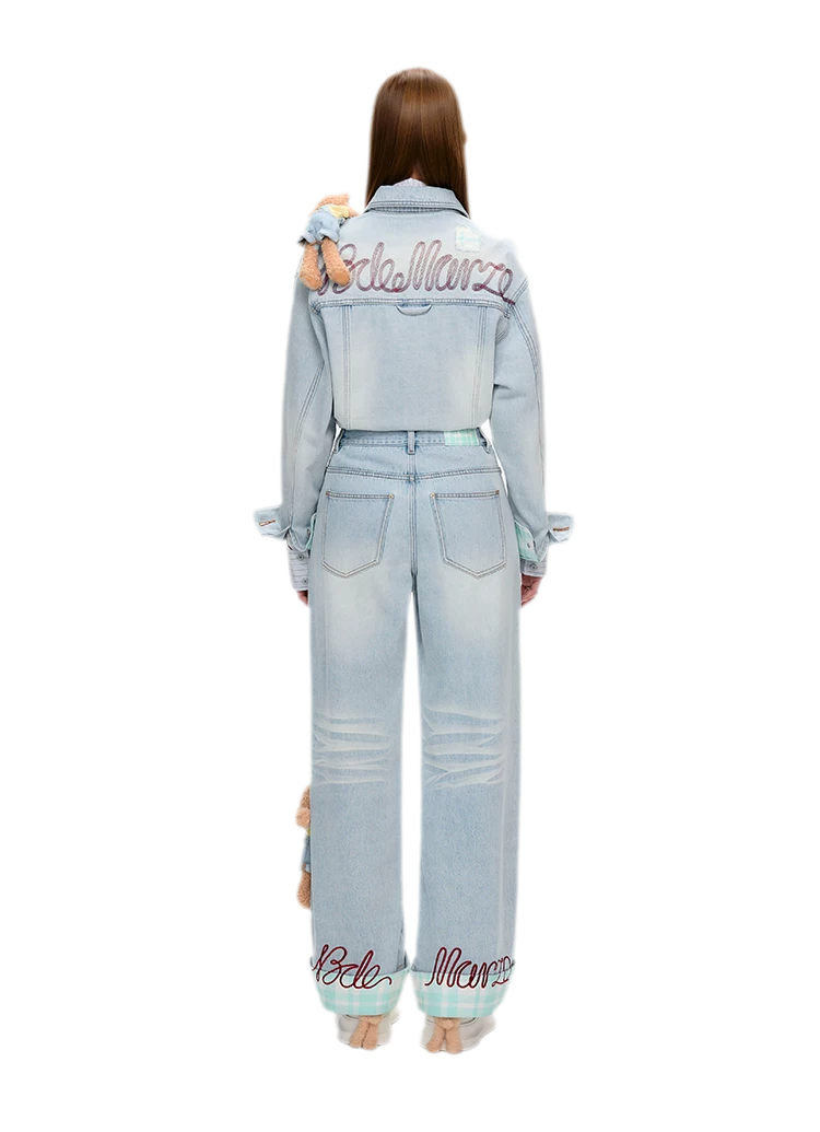 Plaid Cuff Embroidered Jeans