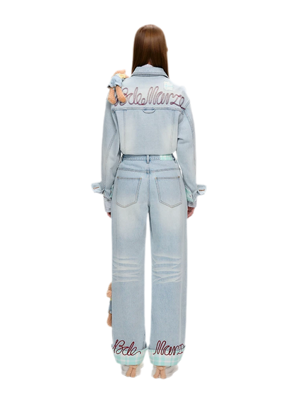 Plaid Cuff Embroidered Jeans
