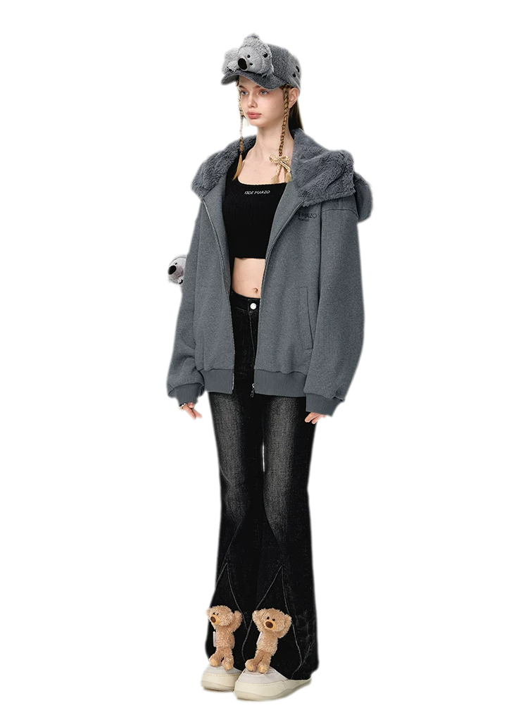 Áo hoodie khóa kéo bề mặt dệt nổi hình gấu koala