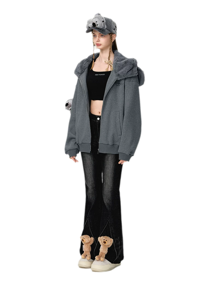 Áo hoodie khóa kéo bề mặt dệt nổi hình gấu koala