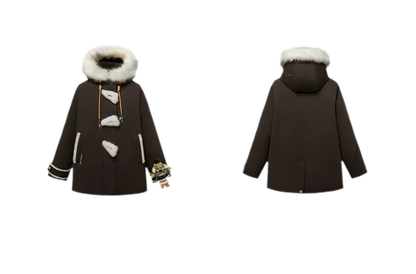 Doudoune mi-longue en duvet à boutons brandebourgs et effet peluche