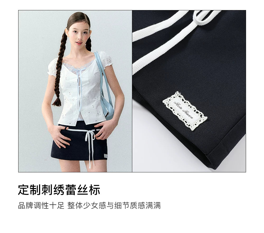 Korean Style Color-Block Tie Waist Shorts Skirt
