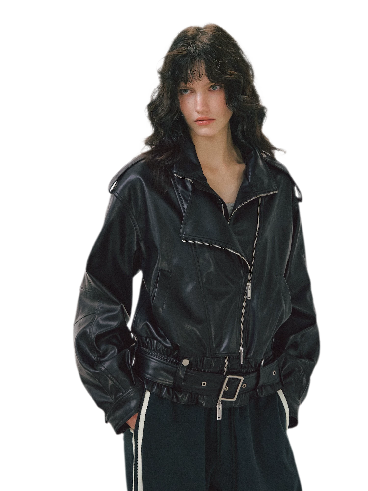 Leather-Look Cropped Motorcycle Jacket