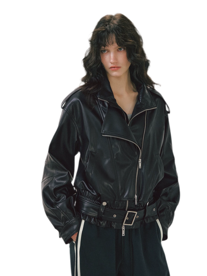 Leather-Look Cropped Motorcycle Jacket