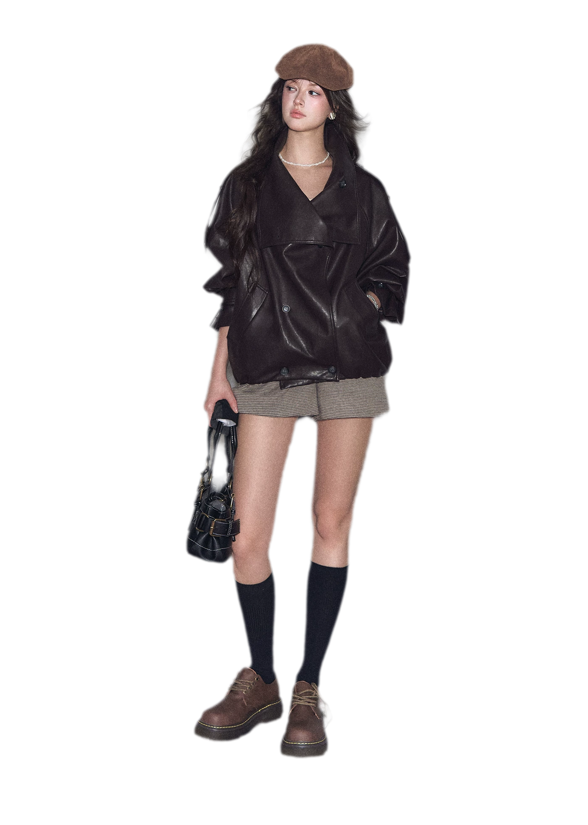Faux-Leather Oversized Double-Breasted Jacket