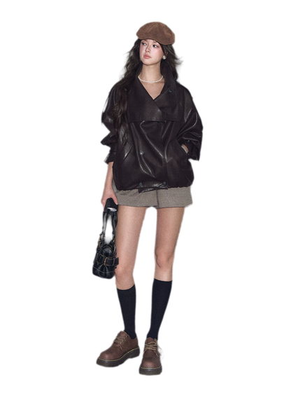 Faux-Leather Oversized Double-Breasted Jacket