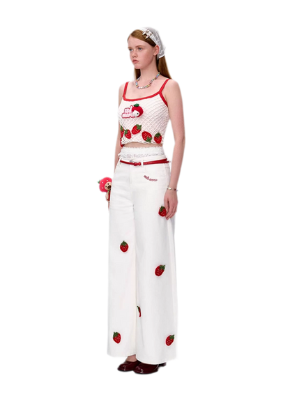 Fruit Embroidered Wide-Leg Pants