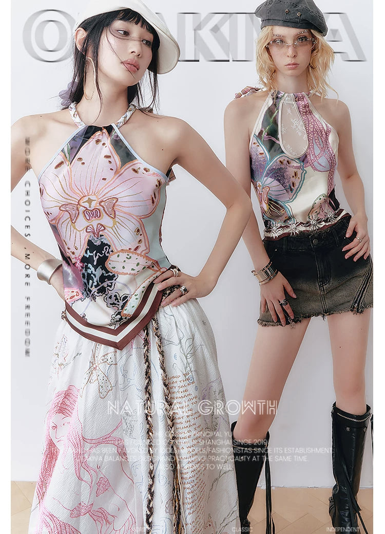 Reversible Satin Halter Top with Colorblock Weave
