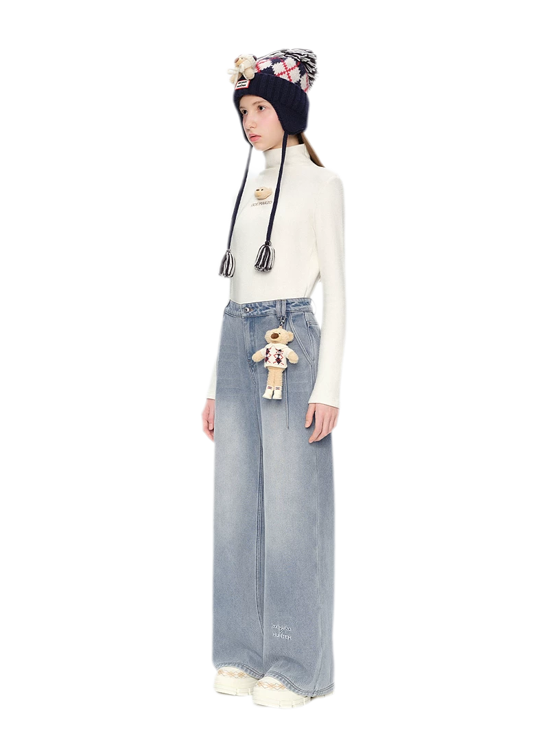 Jeans in denim a gamba larga con fodera in pile