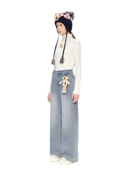 Jeans in denim a gamba larga con fodera in pile