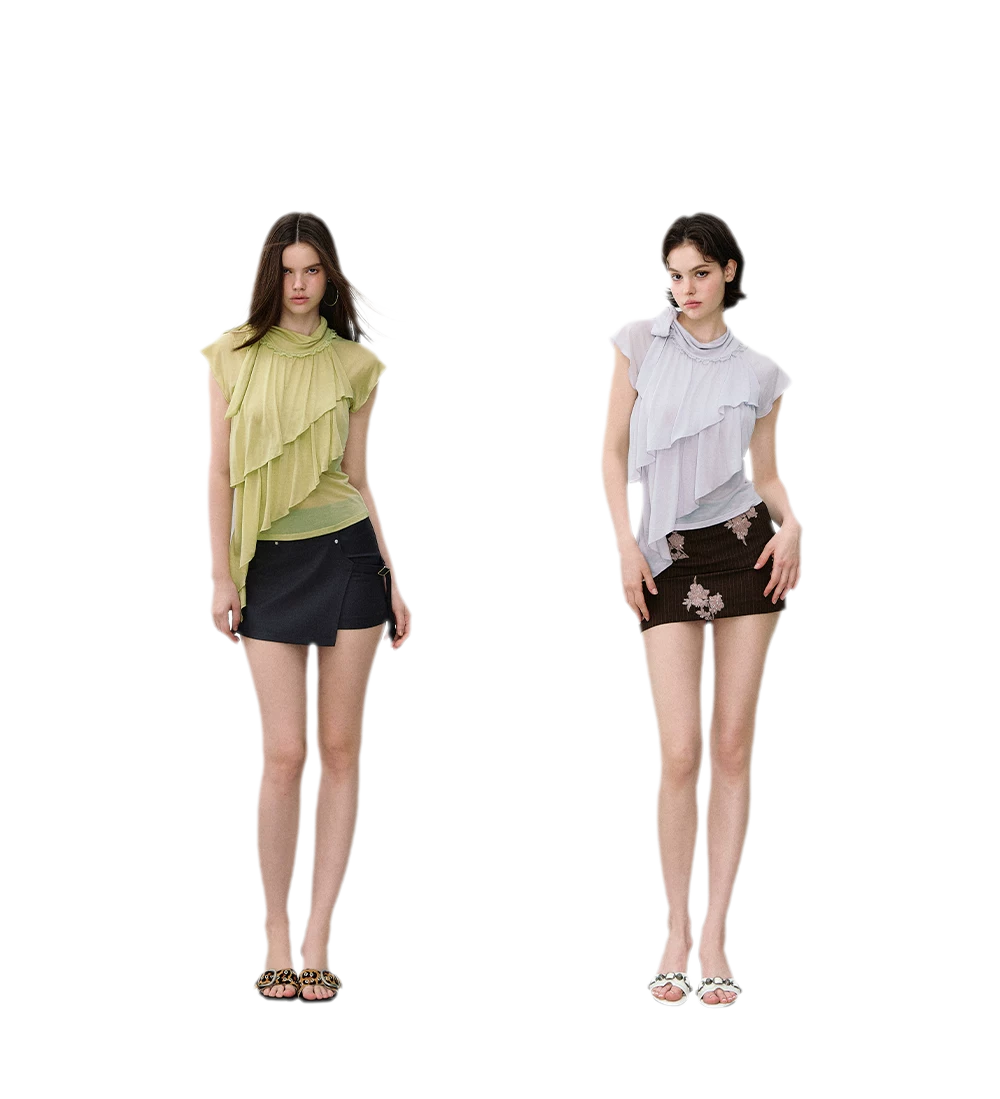 Ruffle Tie-Neck Tencel Short Sleeve Top