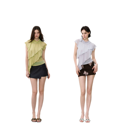 Ruffle Tie-Neck Tencel Short Sleeve Top