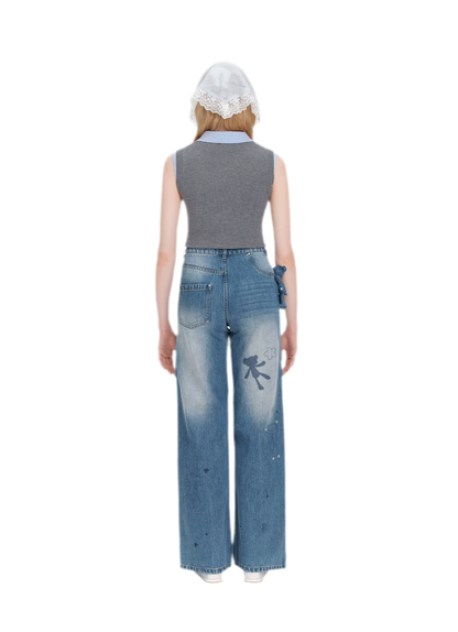 Bear Print Denim Pants