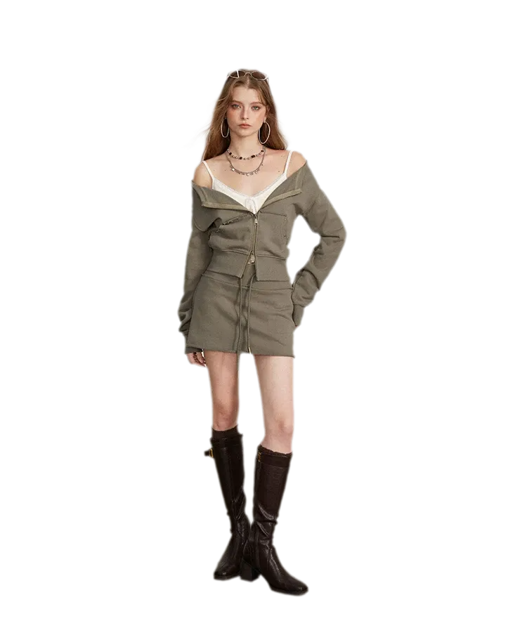 Raw Edge Zip Sweatshirt Set
