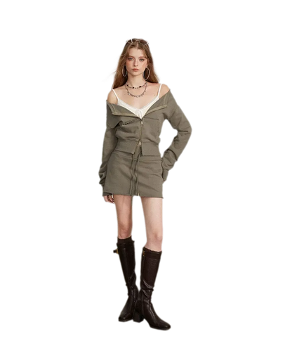 Raw Edge Zip Sweatshirt Set