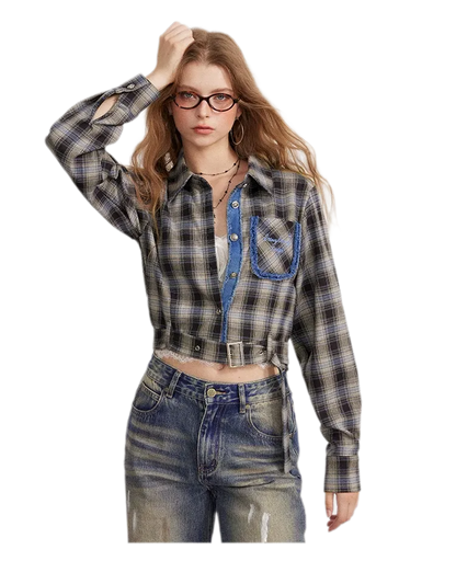 Fringe Plaid Cropped Shirt Jacket