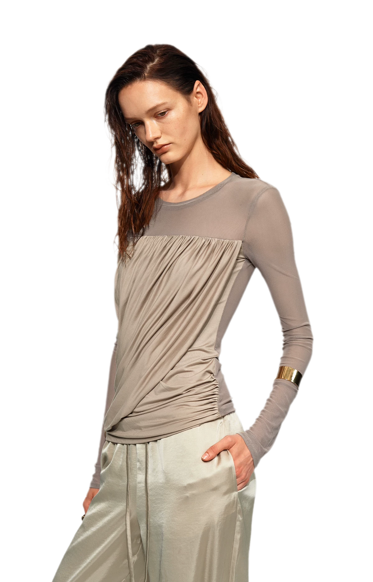 Draped Mesh Long Sleeve Tee