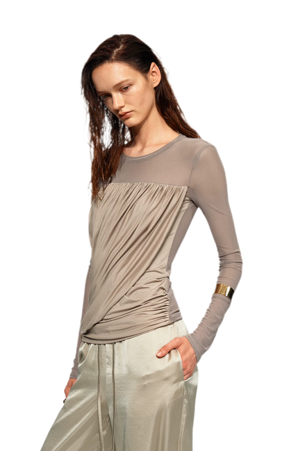 Draped Mesh Long Sleeve Tee