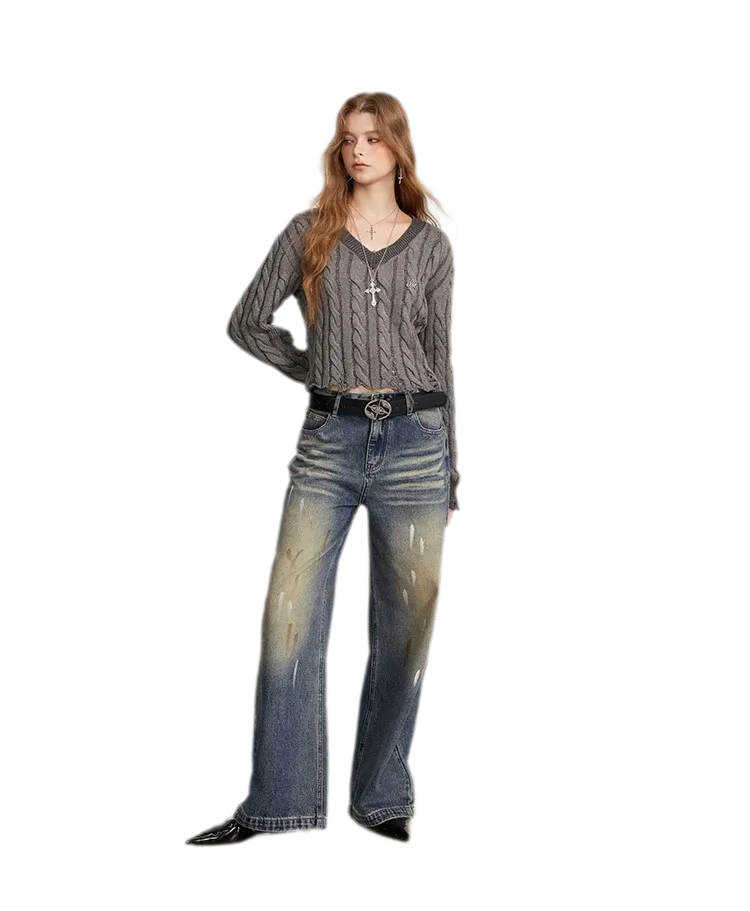 Distressed Cable Knit V-Neck Sweater