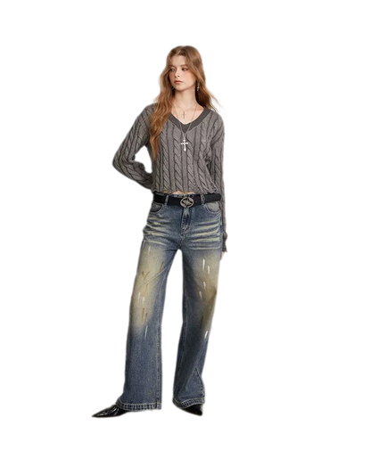 Distressed Cable Knit V-Neck Sweater