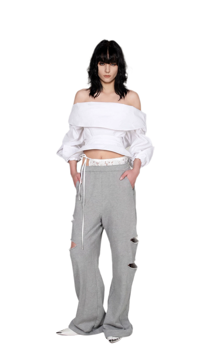 Lace Waist Distressed Pants