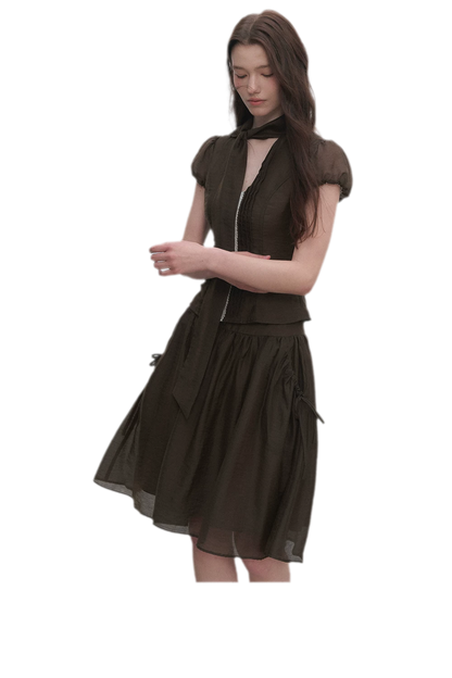 Tie-Neck Flared Skirt Set