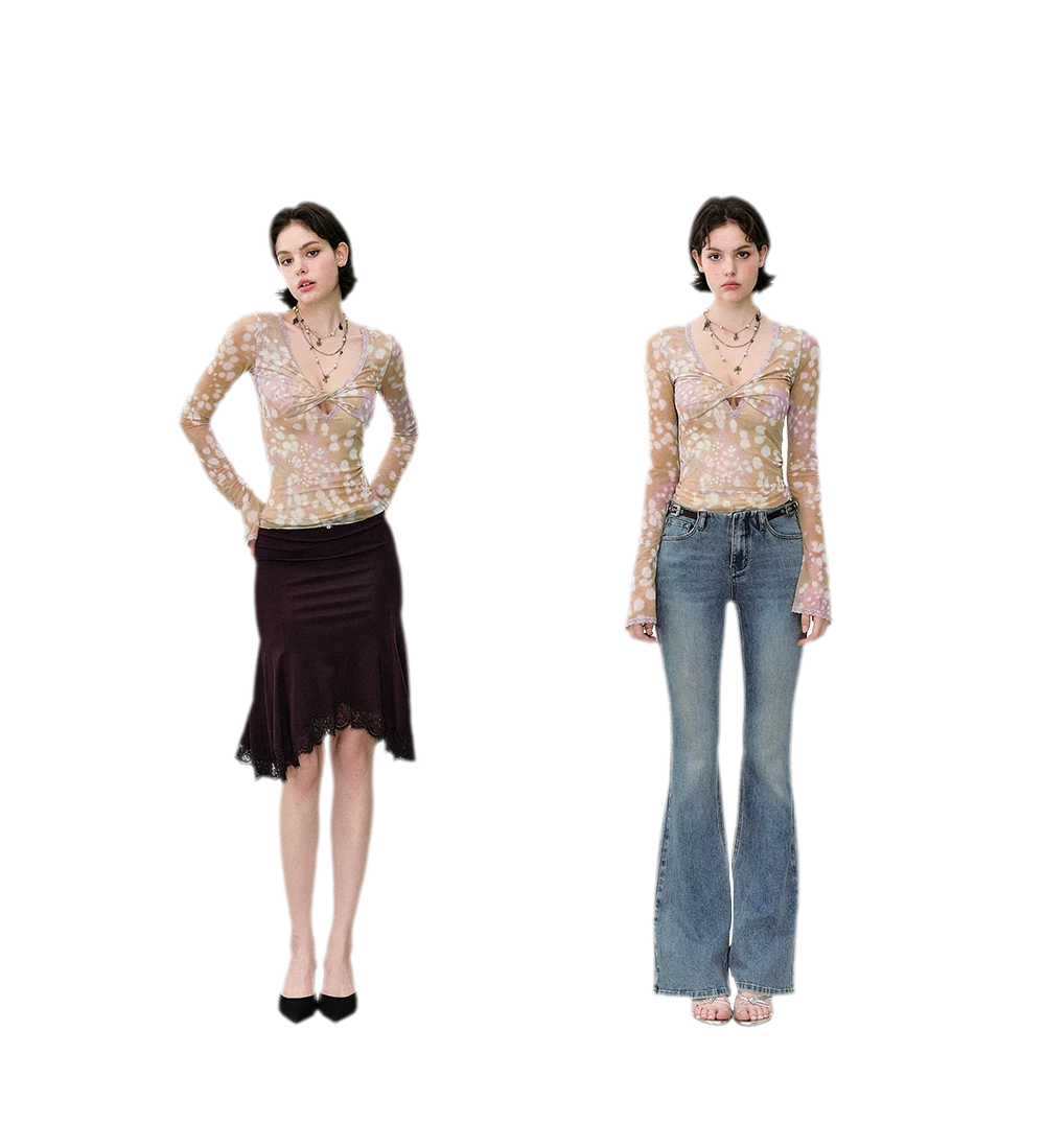 Deer Print Lace Mesh Top