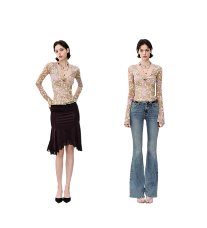 Deer Print Lace Mesh Top