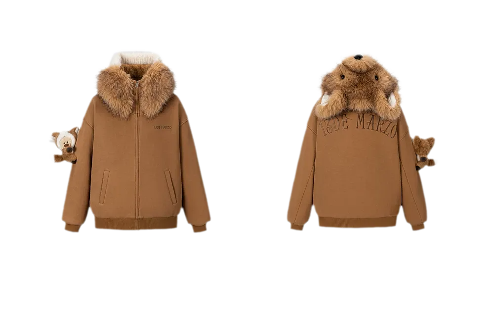 Textured Lamb Bear Zip Hoodie
