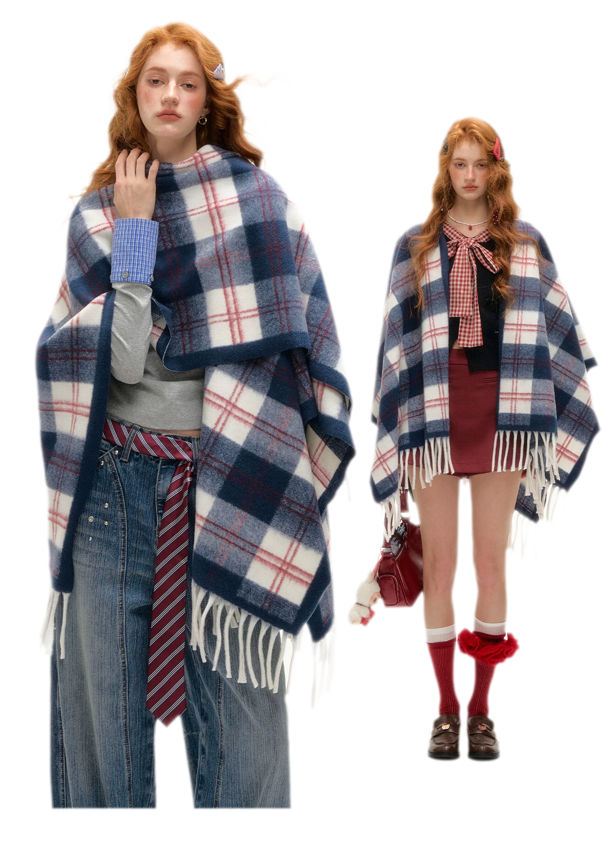 Vintage Plaid Fringed Shawl