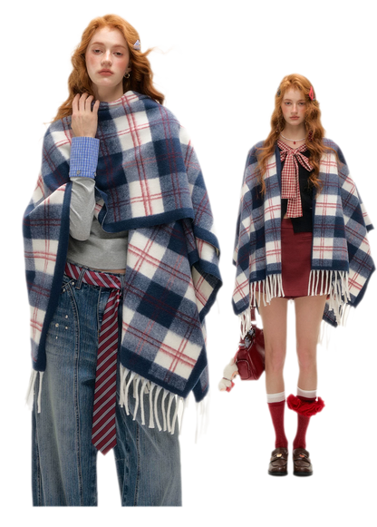 Vintage Plaid Fringed Shawl