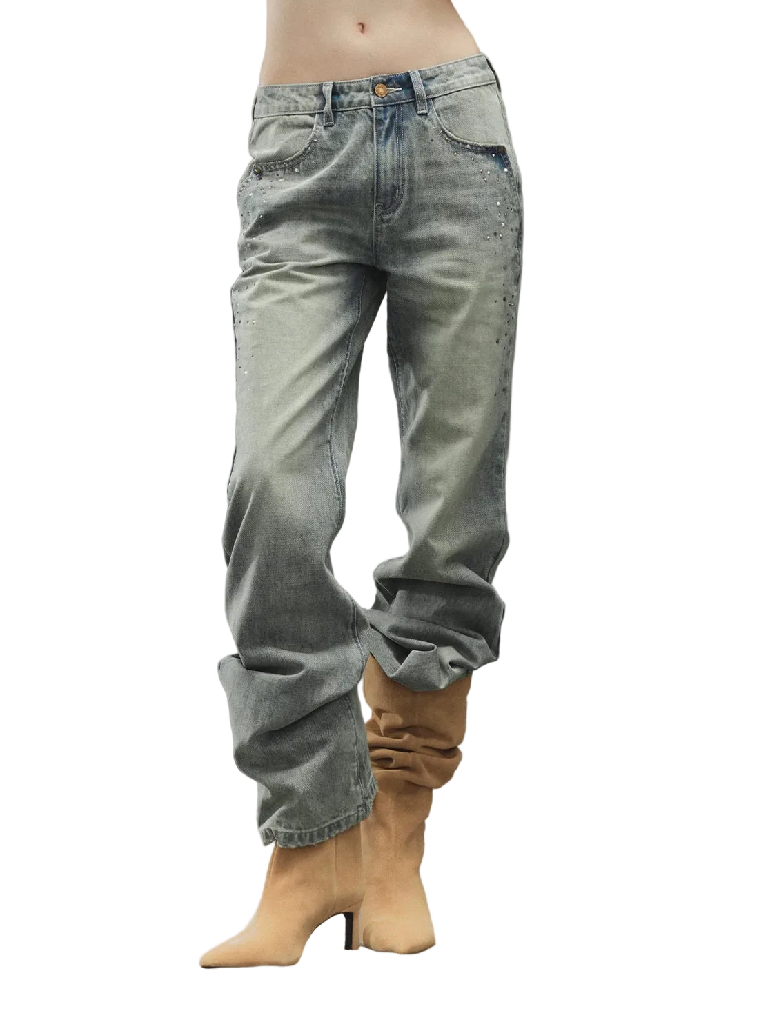 Vintage Washed Low-Rise Straight-Leg Jeans with Colorful Rhinestones