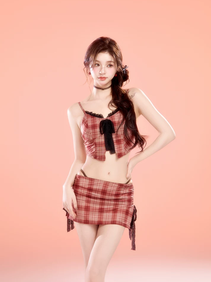 Plaid Lace Trim Bikini Set