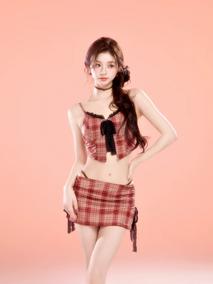 Plaid Lace Trim Bikini Set