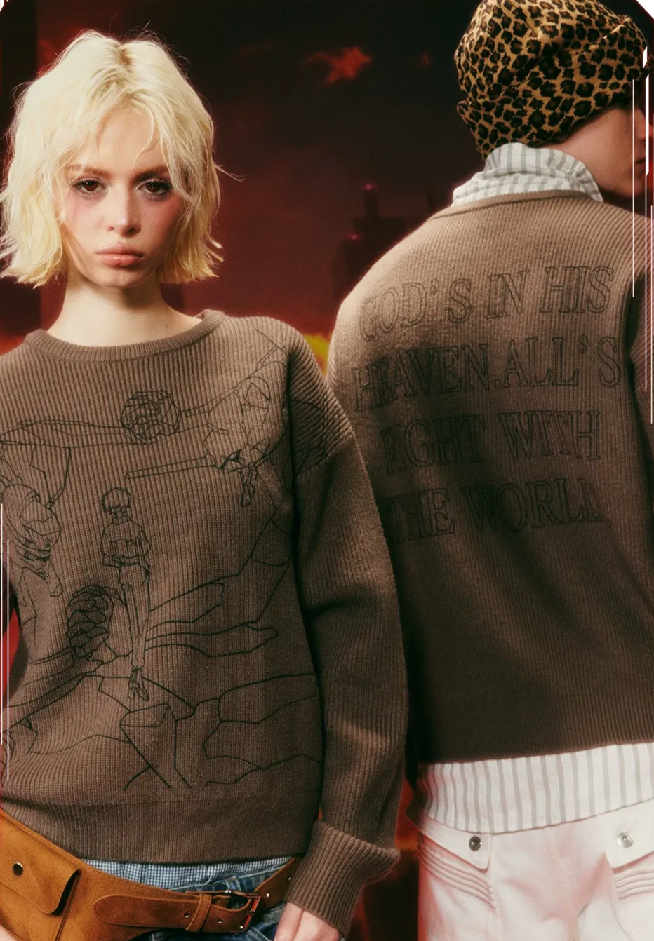 Rib-Knit Linework Graphic Sweater