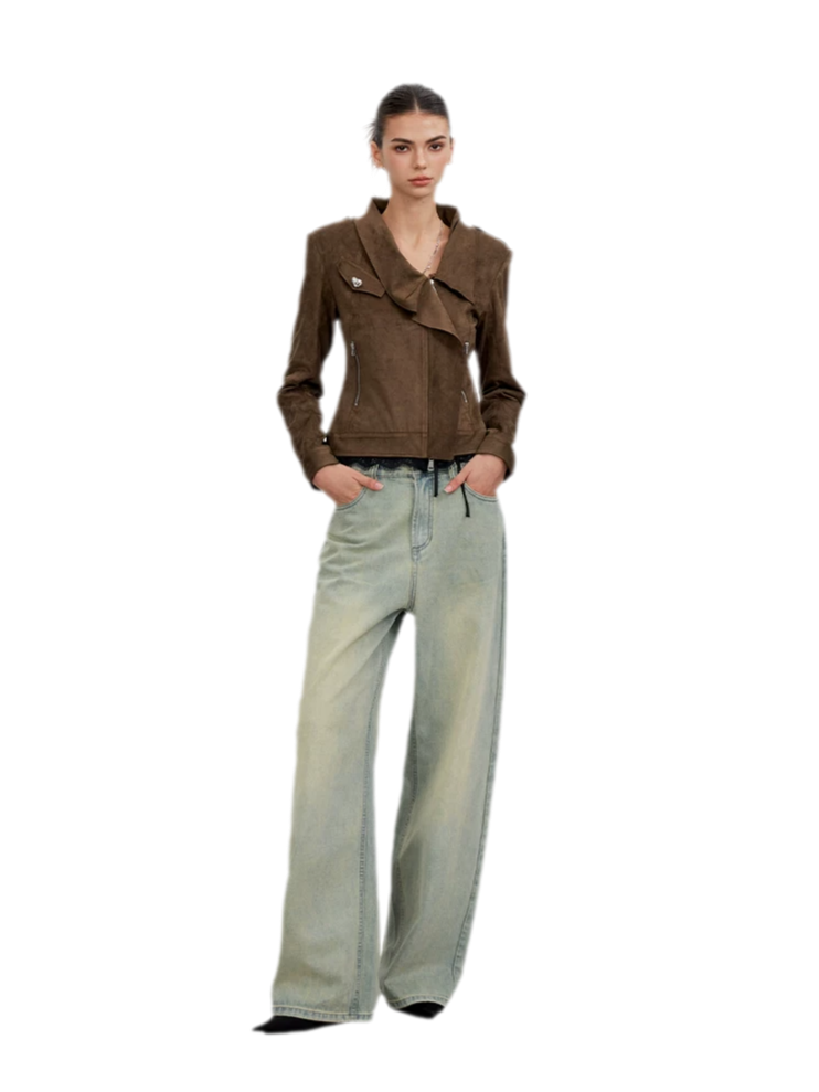 Suede-Effect Asymmetric Cropped Jacket