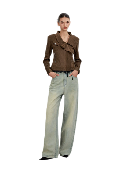 Suede-Effect Asymmetric Cropped Jacket