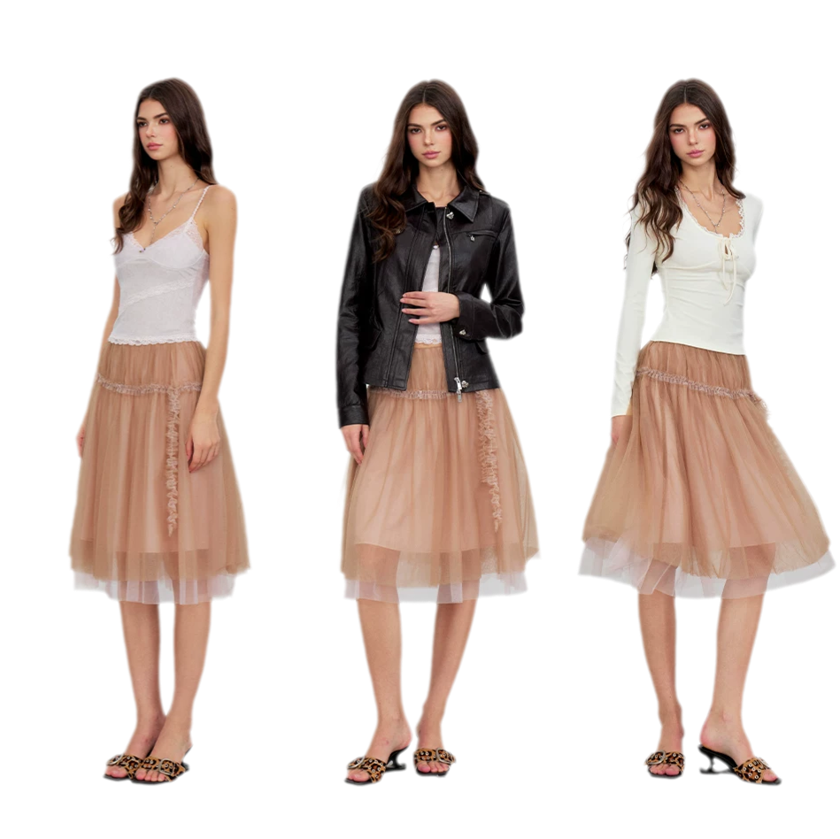Layered Mesh Ruffle Midi Skirt