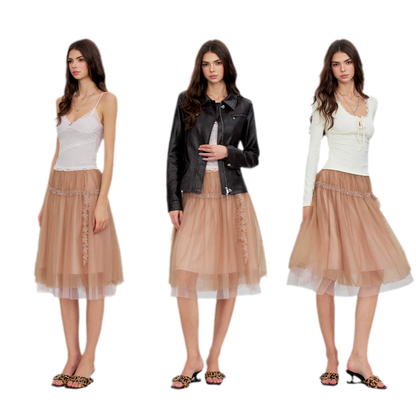 Layered Mesh Ruffle Midi Skirt