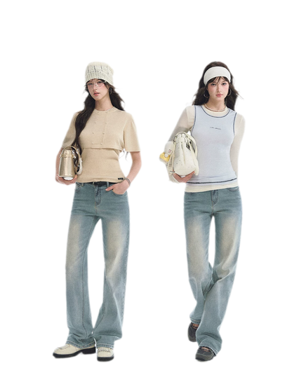 Washed Bow Embroidery Jeans