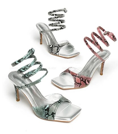 Snake-Embossed Spiral Strap Sandals
