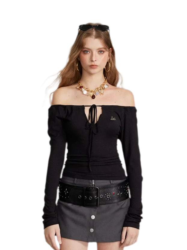 Drawstring Off-Shoulder Long-Sleeve Top