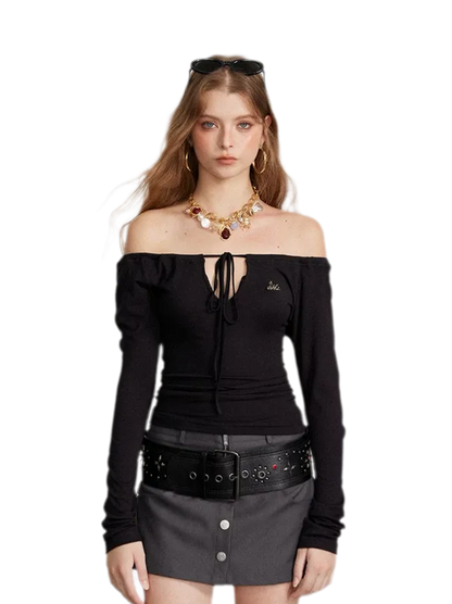 Drawstring Off-Shoulder Long-Sleeve Top