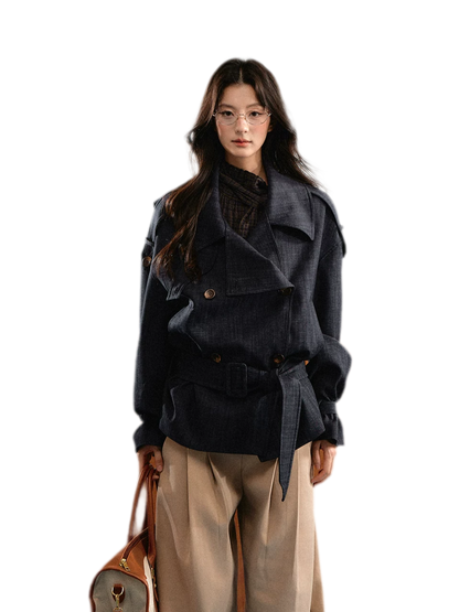 Trench court en denim avec ceinture