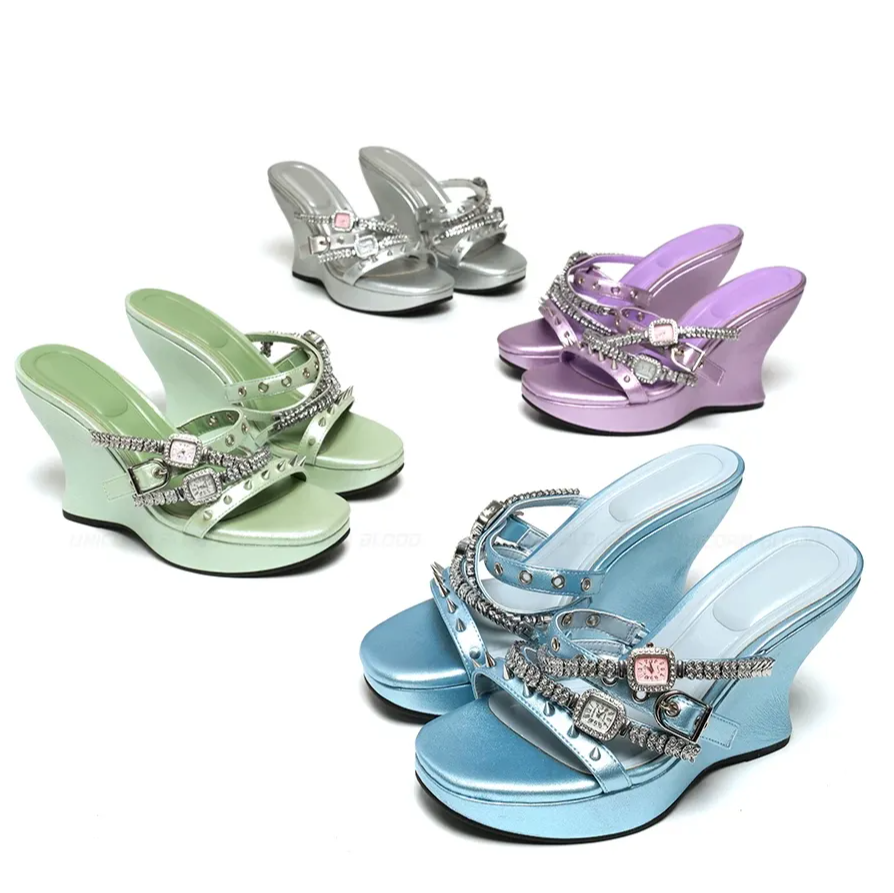 Rhinestone Strap Wedge Mules